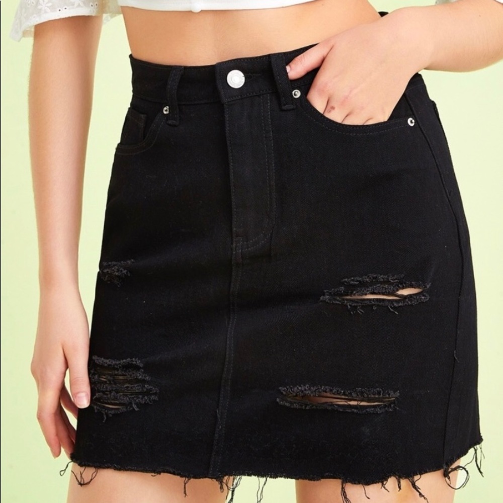 Black Distressed Jean Mini Skirt (H&M)